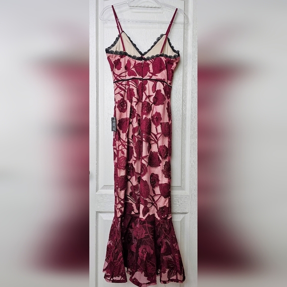 Lulus Alluring Dream Burgundy Floral Mesh Lace Trumpet Midi Dress Red - Picture 10 of 14